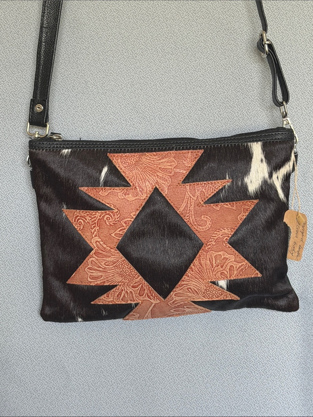 Hair-On Cowhide Stamped Leather Southwestern Crossbody Bag